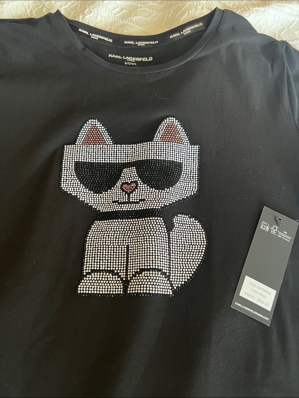 Karl Lagerfeld Black Tee with Crystal Cat Motif